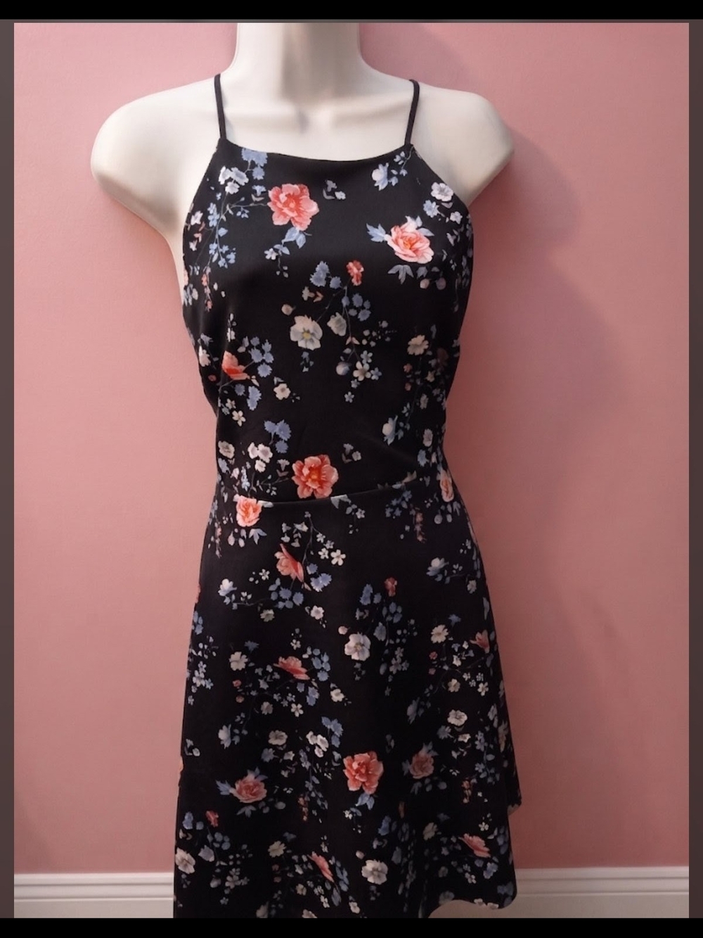 Urban Heritage Black Floral Halter Midi Dress with Pink & Blue Blooms